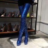Arden Furtado fashion women's shoes round toe stilettos heels party shoes blue leather rivets over the knee high boots