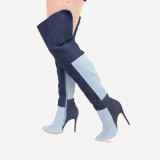 Arden Furtado fashion women's shoes  2019 pointed toe stilettos heels zipper mixed colors blue denim jeans over the knee high boots