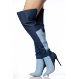 Arden Furtado fashion women's shoes  2019 pointed toe stilettos heels zipper mixed colors blue denim jeans over the knee high boots