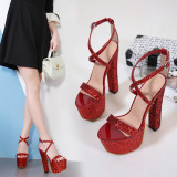 Europe station fashion hot style women's shoes pointed chunky heels women's sandals platform shoes sequined cloth