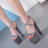 Europe station fashion hot style women's shoes pointed chunky heels women's sandals platform shoes sequined cloth