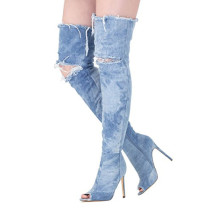 Arden Furtado spring and autumn 2019 fashion women's shoes peep toe stilettos heels zipper office lady denim over the knee high boots