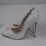 Arden Furtado summer 2019 fashion women's shoes pointed toe white crystal rhinestone stilettos heels slip-on pumps white wedding shoes