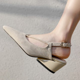 Arden Furtado summer 2019 fashion trend women's shoes pointed toe chunky heels pure color apricot khaki  office lady comfortable concise big size 42 sexy elegant buckle sandals