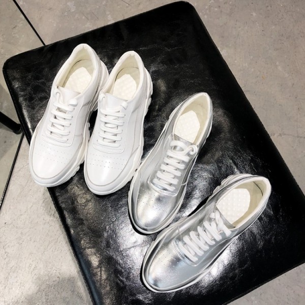 Spring and autumn 2019 fashion women's shoes cross tied white casual shoes leather silver sneakers leisure flat platform comfortable shoes big size 43