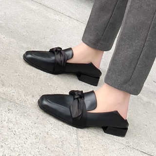 Arden Furtado spring 2019 fashion women's shoes square head genuine leather slip-on concise butterfly knot shallow brogue flats