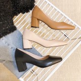 Arden Furtado summer 2019 fashion genuine leather square head chunky heels 6cm pumps women's brown shoes office lady big size 43