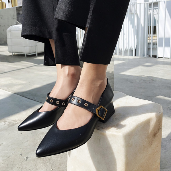 Arden Furtado summer 2019 fashion trend women's shoes pointed toe pumps office lady chunky heels big size 43 pure color buckle