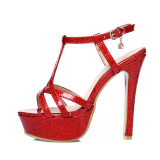 Arden Furtado summer 2019 fashion trend women's shoes  stilettos heels  pink silver red pure color mature sandals  small size 30 big size 48 waterproof