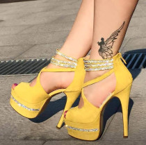 Arden Furtado summer 2019 fashion women's shoes stilettos heels yellow waterproof peep toe crystal rhinestone platform party shoes