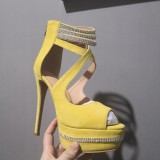 Arden Furtado summer 2019 fashion women's shoes stilettos heels yellow waterproof peep toe crystal rhinestone platform party shoes