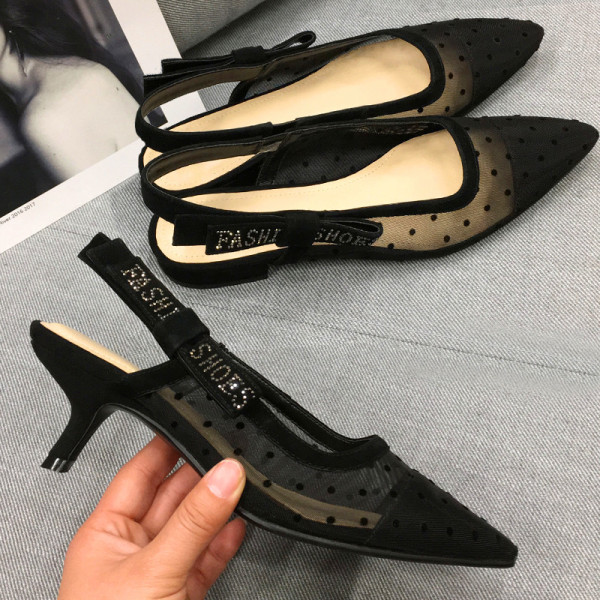 Arden Furtado 2019 summer stilettos pointed toe dot mesh sandals polka dot high heels sling back sexy party shoes women's shoes