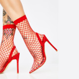 Summer red white and black netting fashion women's shoes pointed toe stilettos heels slip-on sexy elegant ladies boots mature leopard mesh stilettos 45 48