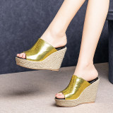 Arden Furtado summer 2019 fashion trend women's shoes office lady sexy elegant pure color metal yellow metal green slippers