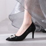 Arden Furtado summer 2019 fashion women's shoes pointed toe stilettos heels lace slip-on grey pumps crystal rhinestone party shoes 40