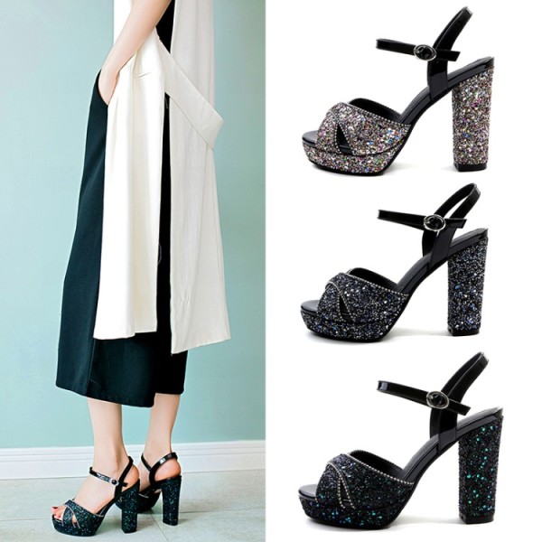 Arden Furtado 2019 summer high heels 11cm platform bling bling peep toes buckle strap chunky heels party shoes ladies sandals