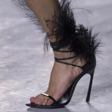 Arden Furtado summer fashion women's shoes designer black feather high heels sandals women lace strap ankle buckle sexy stilettos sandals 45