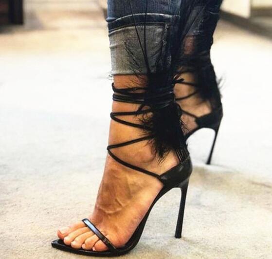 Arden Furtado summer fashion women's shoes designer black feather high heels sandals women lace strap ankle buckle sexy stilettos sandals 45