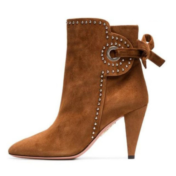 Arden Furtado fashion women's shoes in winter 2019 pointed toe chunky heels concise brown short boots big size 45 sexy pure color elegant ladies boots