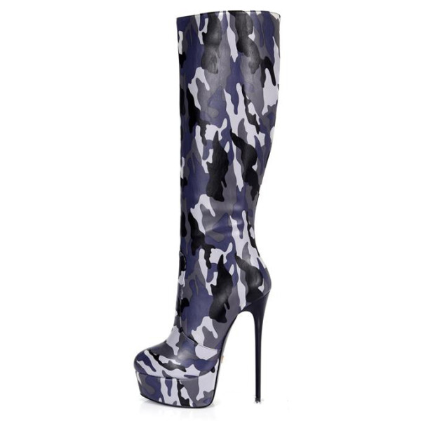 Arden Furtado fashion women's shoes in winter 2019 pointed toe personality stilettos heels zipper camouflage classics pure color big size 45 knee high boots waterproof