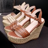 Arden Furtado summer 2019 fashion trend Europe and America women's shoes elegant  apricot  concise mature sandals wedges pure color buckle sandals