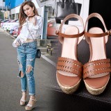 Arden Furtado summer 2019 fashion trend Europe and America women's shoes elegant  apricot  concise mature sandals wedges pure color buckle sandals