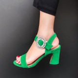 Arden Furtado summer 2019 fashion women's shoes square head red crystal rhinestone sandals chunky heels mature buckle strap green sandals