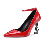 Arden Furtado summer 2019 fashion trend women's shoes pointed toe stilettos heels office lady red pure color small size 33 buckle  sexy elegant special-shaped heels