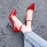 Arden Furtado summer 2019 fashion trend women's shoes pointed toe stilettos heels office lady red pure color small size 33 buckle  sexy elegant special-shaped heels