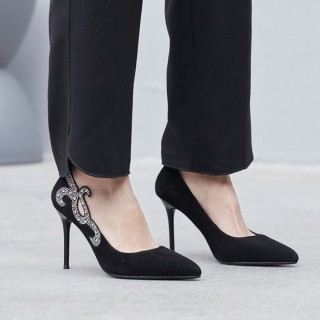 Fashion women's shoes pointed toe stilettos heels Black suede pumps Crystal rhinestone Dress shoes