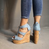 Arden Furtado summer 2019 fashion trend women's shoes sexy wedges elegant concise mature pure color blue big size 47 denim zipper sandals