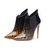 Arden Furtado fashion women's shoes in winter 2019 pointed toe stilettos heels zipper snake pattern sexy elegant short boots