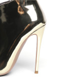 Arden Furtado fashion women's shoes winter 2019 pointed toe metal skin stilettos heels zipper sexy gold short boots big size 45