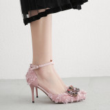 Arden Furtado summer fashion pink Crystal Stilettos heels buckle strap rhinestone sandals size 33 40
