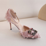Arden Furtado summer fashion pink Crystal Stilettos heels buckle strap rhinestone sandals size 33 40