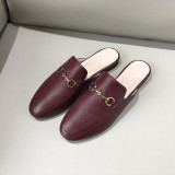 Natural leather white mules slippers burgundy Metal buckle flat slides big size 40  41