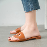 Arden Furtado summer 2019 fashion women's shoes pure color brown slippers top layer cowhide concise flats ladylike temperament