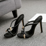 summer 2019 fashion trend women's shoes stilettos heels narrow band sexy black leather concise metal decoration