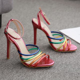 summer 2019 fashion trend women's shoes concise leather sandals buckle narrow band mixed colors stilettos heels