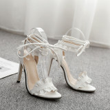 summer 2019 fashion women's shoes stilettos heels mature ankle strap pure color white office lady sandals
