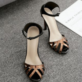 summer 2019 fashion women's shoes stilettos heels mature office lady pure color narrow band fretwork sandals