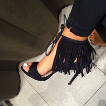summer 2019 fashion trend women's shoes stilettos heels sexy fringed black ankle strap elegant sandals big size 45