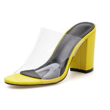 summer 2019 fashion trend women's shoes chunky heels PVC transparent concise yellow slippers ladylike temperament