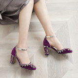 Arden Furtado summer chunky heels Round toe buckle strap Purple Ethnic Sandals burgundy Crystal rhinestone velvet sandals Shoes 43