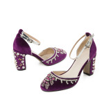 Arden Furtado summer chunky heels Round toe buckle strap Purple Ethnic Sandals burgundy Crystal rhinestone velvet sandals Shoes 43