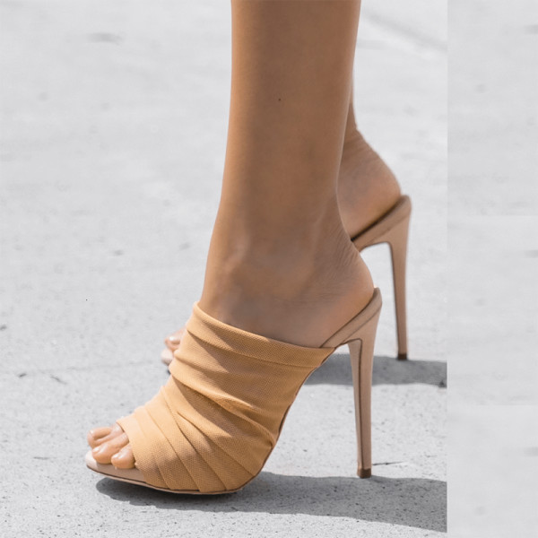summer 2019 fashion trend women's shoes sexy elegant pure color sexy slippers pleated peep toe stilettos heels