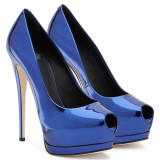 summer 2019 fashion trend women's shoes stilettos heels sexy elegant pure color blue peep toe pumps party shoes