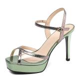 Arden Furtado summer fashion women's shoes buckle strap party shoes silver stilettos heels platform pvc sandals green