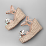 Arden Furtado summer 2019 fashion trend women's shoes pure color apricot concise sandals platform buckle wedges flower pearl