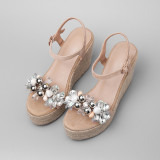 Arden Furtado summer 2019 fashion trend women's shoes pure color apricot concise sandals platform buckle wedges flower pearl